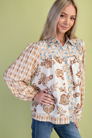GiGio Mixed Print Button Down Top in Mocha Mix