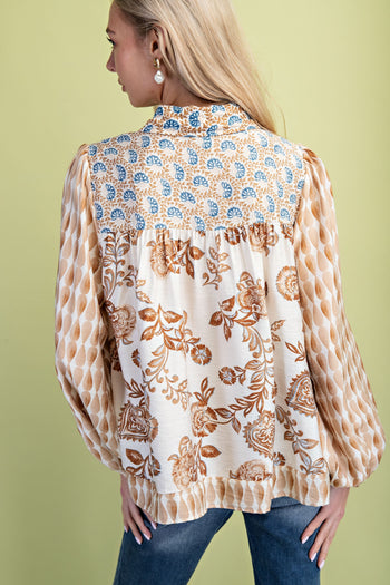 GiGio Mixed Print Button Down Top in Mocha Mix