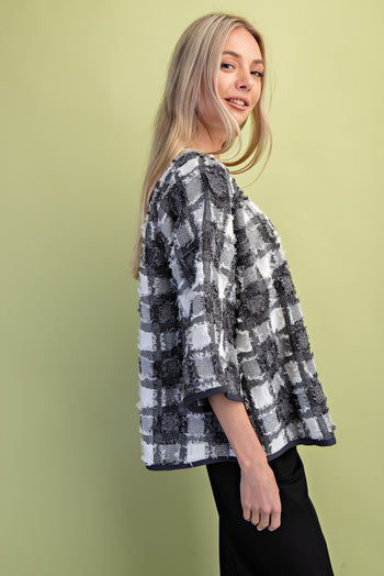 GiGio Frayed Textured Check Print Top in Charcoal