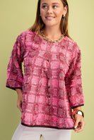 GiGio Frayed Textured Check Print Top in Burgundy