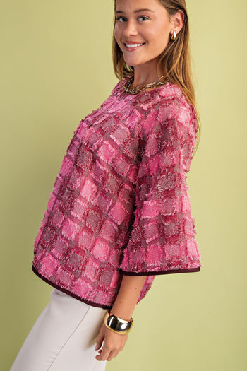 GiGio Frayed Textured Check Print Top in Burgundy