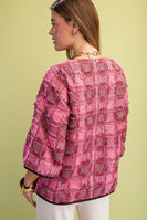 GiGio Frayed Textured Check Print Top in Burgundy