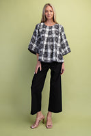 GiGio Frayed Textured Check Print Top in Charcoal