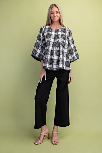 GiGio Frayed Textured Check Print Top in Charcoal