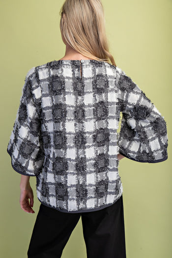 GiGio Frayed Textured Check Print Top in Charcoal