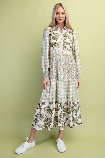 GiGio Mixed Print Maxi Dress in Olive Mix