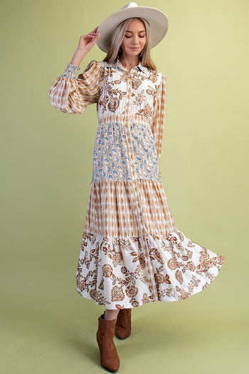 GiGio Mixed Print Maxi Dress in Mocha Mix