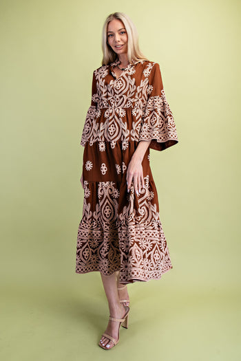 GiGio Textured Print Midi Dress in Brown
