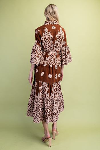 GiGio Textured Print Midi Dress in Brown