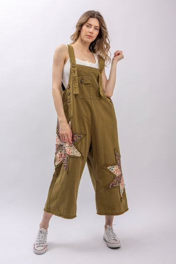 BlueVelvet Patchwork Adjustable Strap Overalls in Sage
