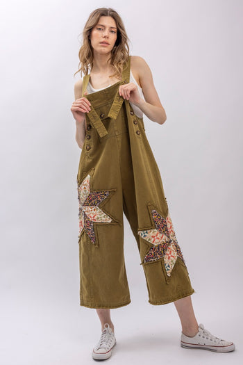 BlueVelvet Patchwork Adjustable Strap Overalls in Sage