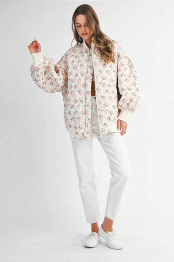 MABLE Floral Print Quilted Puffer Bomber Jacket in Off White