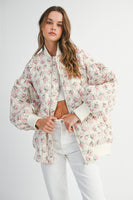MABLE Floral Print Quilted Puffer Bomber Jacket in Off White