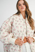 MABLE Floral Print Quilted Puffer Bomber Jacket in Off White
