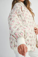 MABLE Floral Print Quilted Puffer Bomber Jacket in Off White