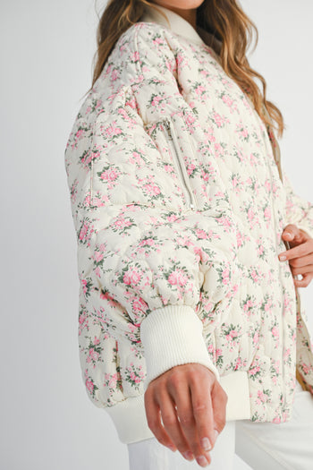 MABLE Floral Print Quilted Puffer Bomber Jacket in Off White