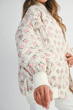 Load image into Gallery viewer, MABLE Floral Print Quilted Puffer Bomber Jacket in Off White
