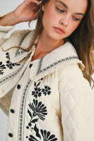 MABLE Peter Pan Collar Embroidered Quilted Jacket in Light Taupe