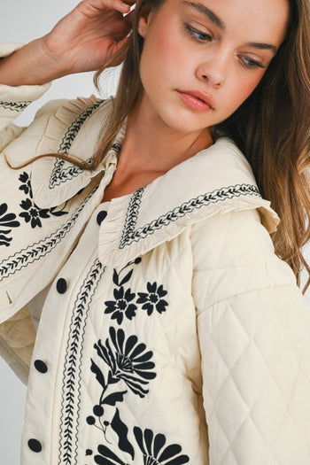 MABLE Peter Pan Collar Embroidered Quilted Jacket in Light Taupe