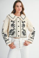 MABLE Peter Pan Collar Embroidered Quilted Jacket in Light Taupe