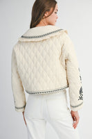 MABLE Peter Pan Collar Embroidered Quilted Jacket in Light Taupe