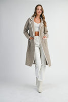 MABLE Long Open Front Knit Cardigan with Contrasting Trim in Light Mocha