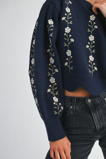 MABLE Floral Embroidery Knit Sweater in Navy