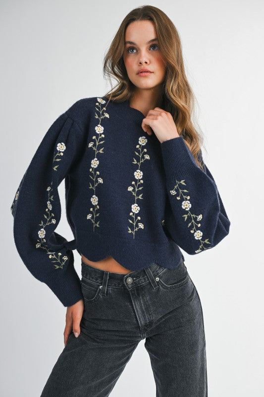 MABLE Floral Embroidery Knit Sweater in Navy – June Adel