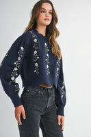 MABLE Floral Embroidery Knit Sweater in Navy