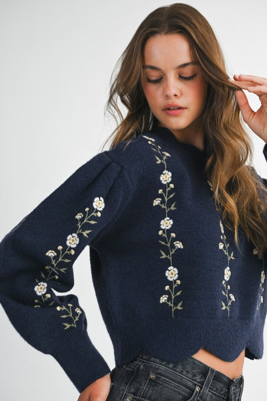 MABLE Floral Embroidery Knit Sweater in Navy – June Adel