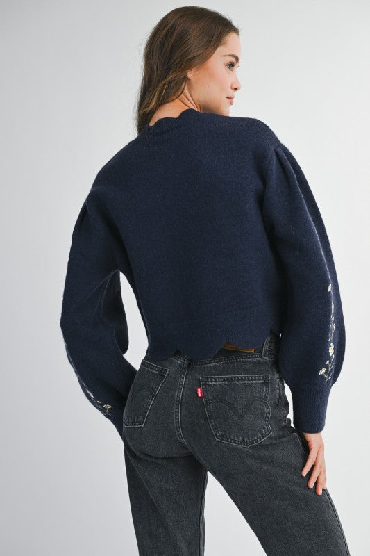 MABLE Floral Embroidery Knit Sweater in Navy – June Adel