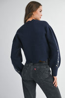 MABLE Floral Embroidery Knit Sweater in Navy