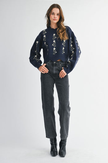 MABLE Floral Embroidery Knit Sweater in Navy