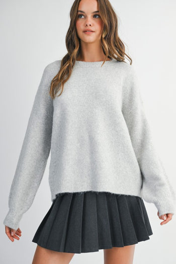 MABLE Soft Knit Open Back Sweater with Stitched Organza Bow Closure in Heather Grey
