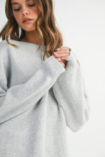 MABLE Soft Knit Open Back Sweater with Stitched Organza Bow Closure in Heather Grey