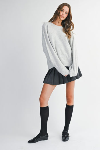 MABLE Soft Knit Open Back Sweater with Stitched Organza Bow Closure in Heather Grey