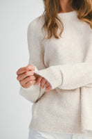 MABLE Soft Knit Open Back Sweater with Stitched Organza Bow Closure in Oatmeal