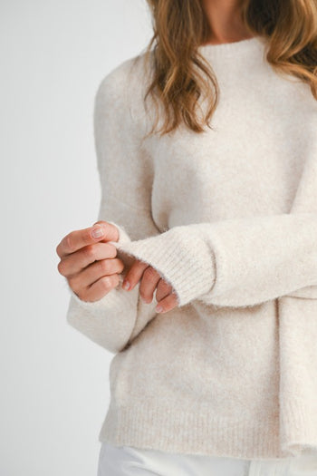 MABLE Soft Knit Open Back Sweater with Stitched Organza Bow Closure in Oatmeal