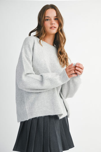 MABLE Soft Knit Open Back Sweater with Stitched Organza Bow Closure in Heather Grey
