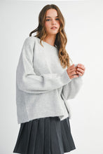 Load image into Gallery viewer, MABLE Soft Knit Open Back Sweater with Stitched Organza Bow Closure in Heather Grey
