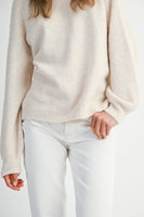MABLE Soft Knit Open Back Sweater with Stitched Organza Bow Closure in Oatmeal
