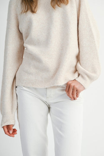MABLE Soft Knit Open Back Sweater with Stitched Organza Bow Closure in Oatmeal