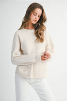 MABLE Soft Knit Open Back Sweater with Stitched Organza Bow Closure in Oatmeal