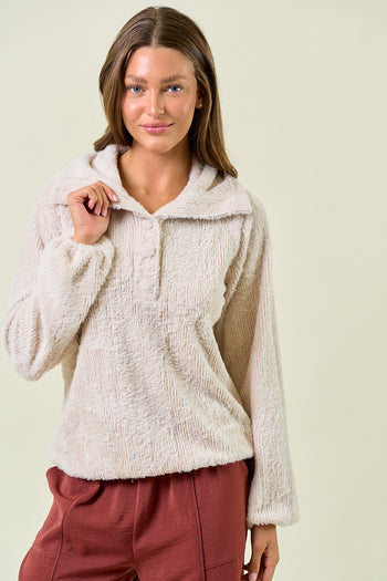 Doe & Rae Soft Fuzzy Knit Pullover Top in Champagne