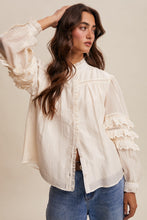 Load image into Gallery viewer, Listicle Lace Ruffle Sleeve Pintuck Blouse in Cream
