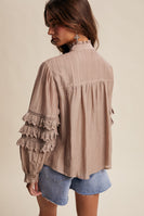 Listicle Lace Ruffle Sleeve Pintuck Blouse in Ash Mocha