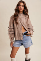 Listicle Lace Ruffle Sleeve Pintuck Blouse in Ash Mocha