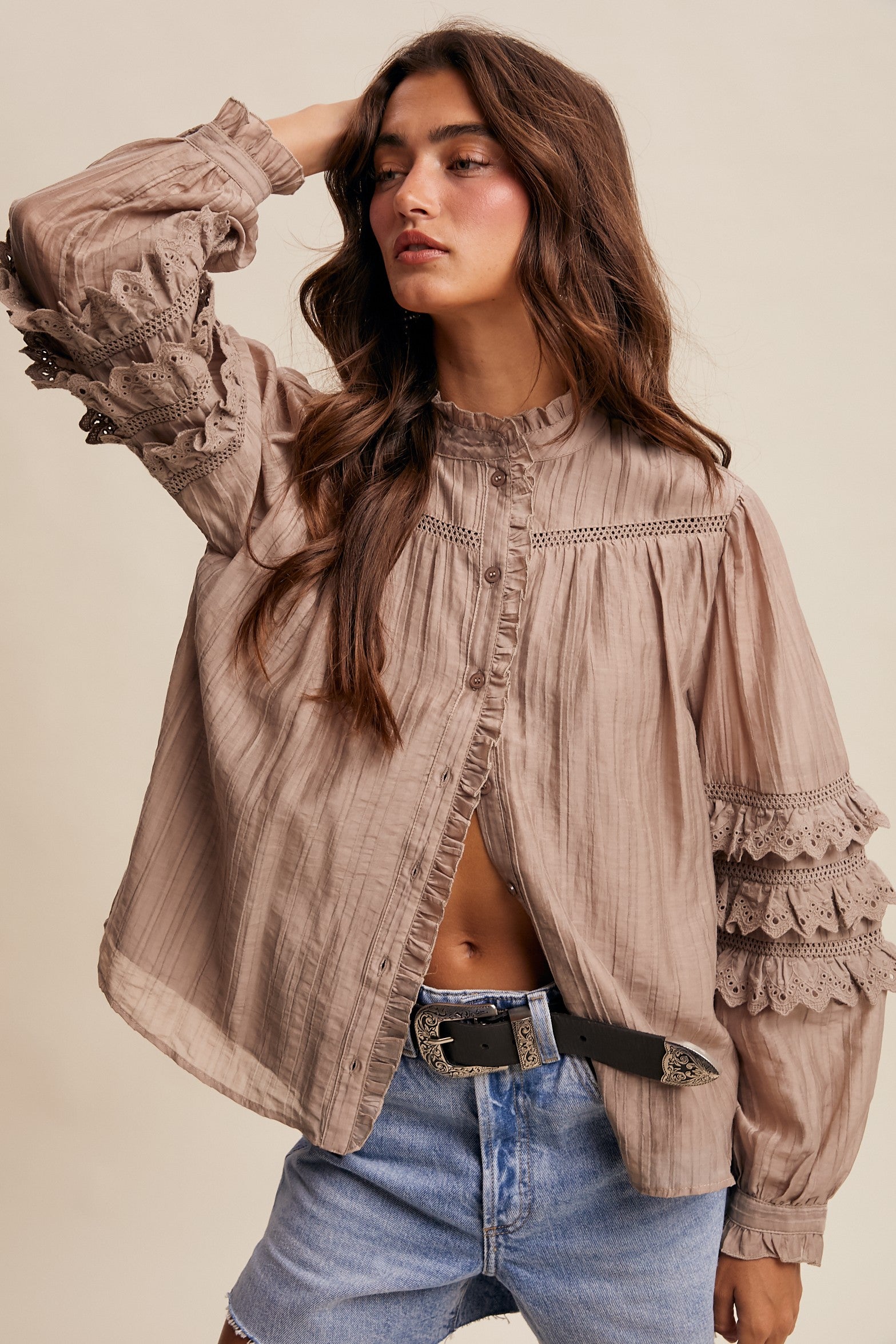Listicle Lace Ruffle Sleeve Pintuck Blouse in Ash Mocha – June Adel