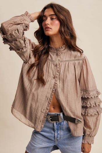 Listicle Lace Ruffle Sleeve Pintuck Blouse in Ash Mocha