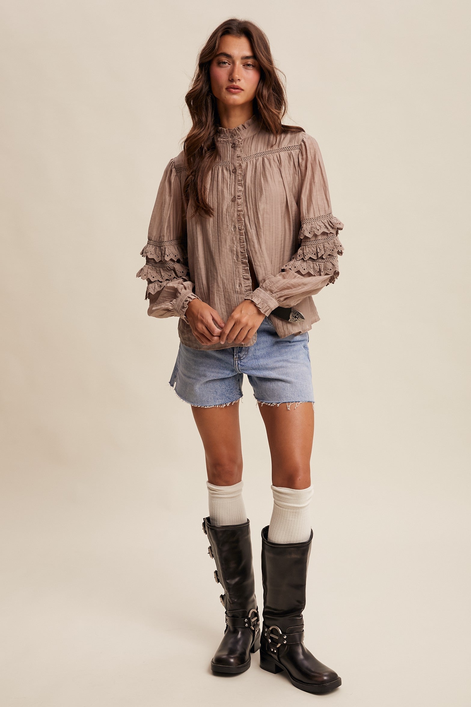 Listicle Lace Ruffle Sleeve Pintuck Blouse in Ash Mocha – June Adel